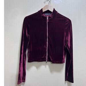 Liz & Sara XL Burgundy Velvety Cropped Zip-Up Jacket Long Sleeve Soft Stretchy